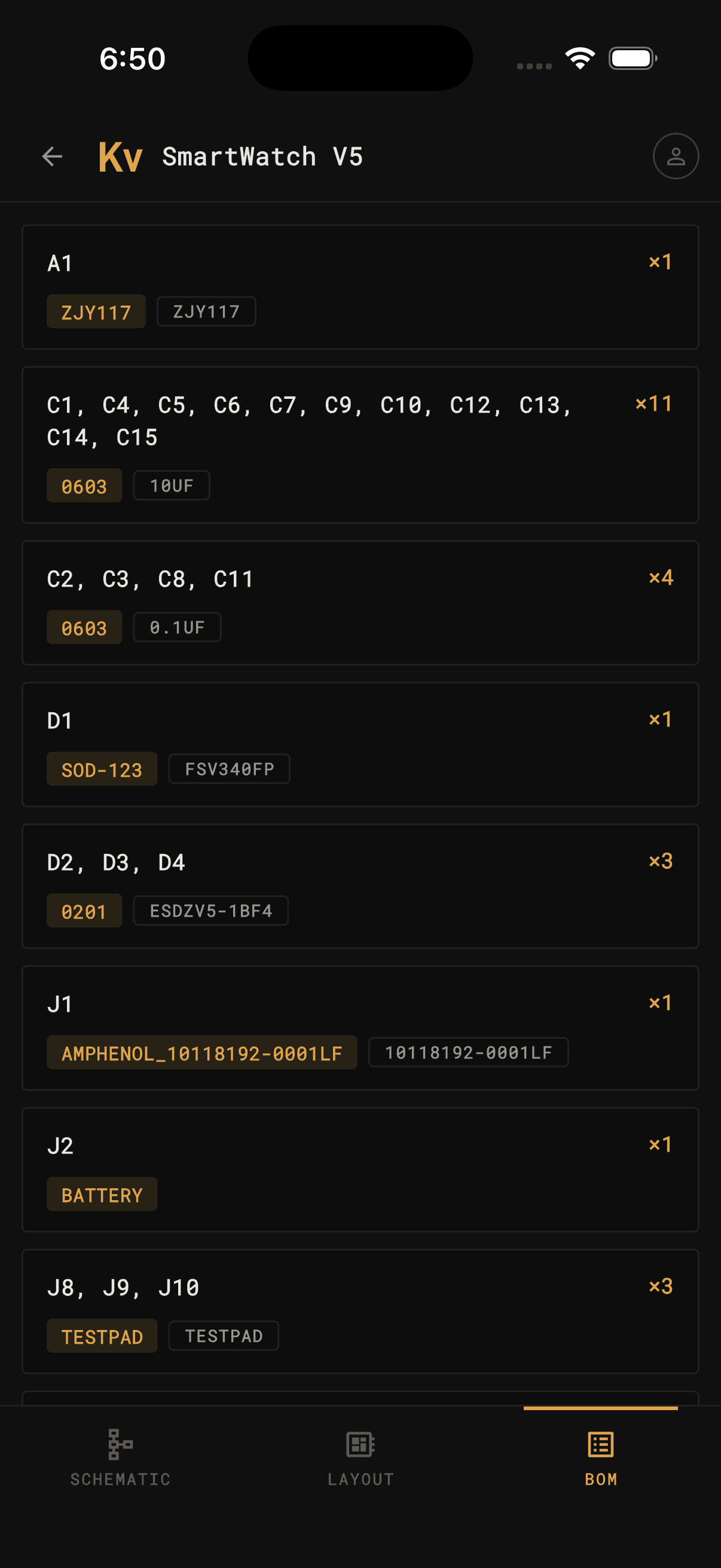 KiCad Viewer bill of materials view on iPhone